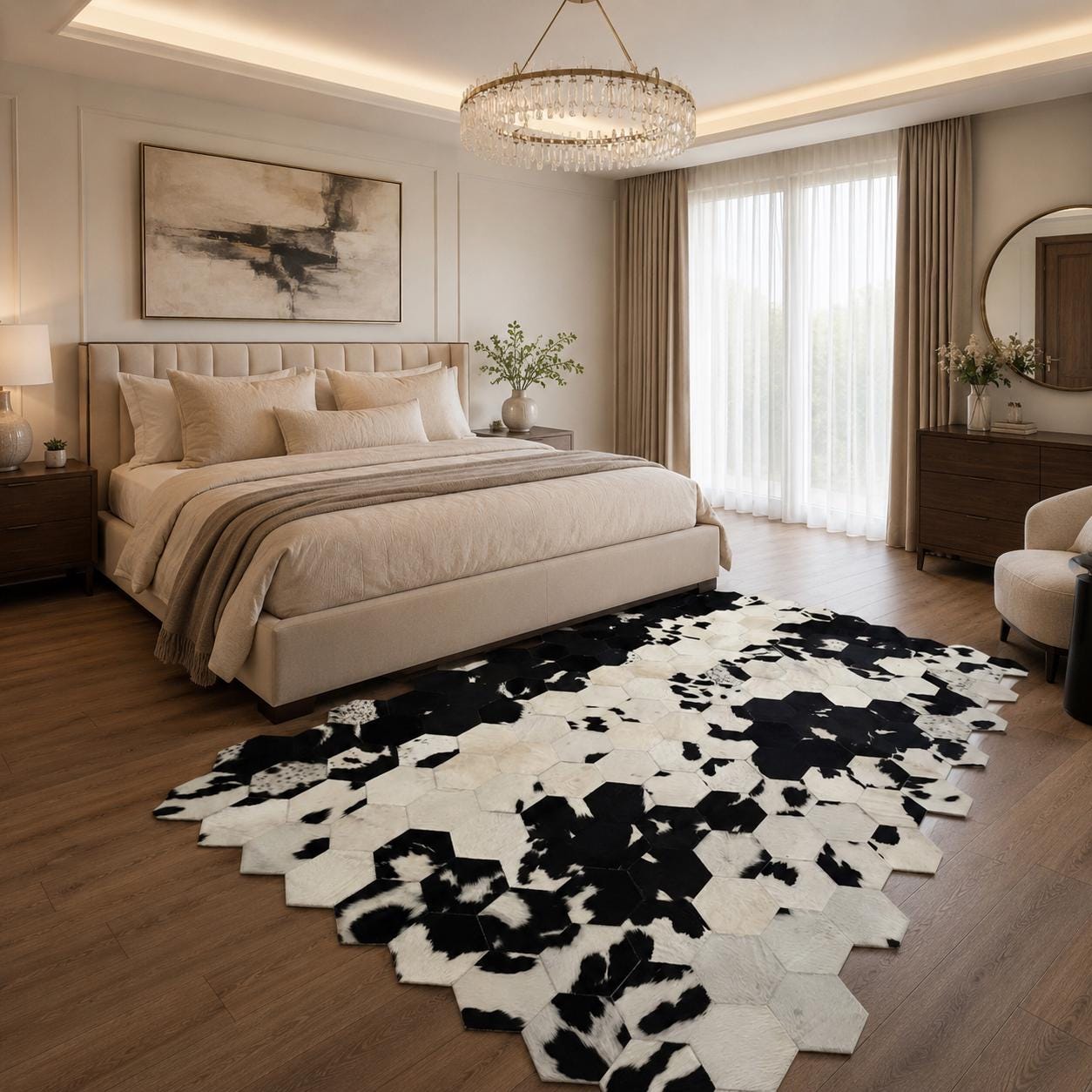 Black White Cowhide Hexagon Rug, Patchwork Leather Area Carpet
