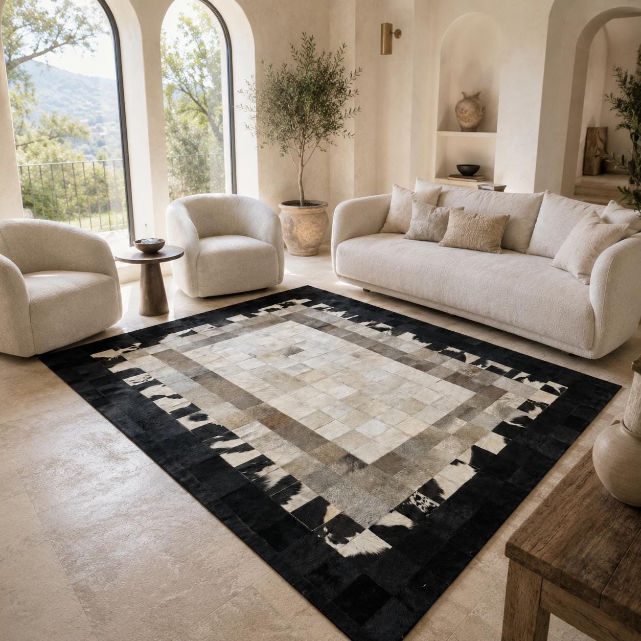 Handmade Patchwork Cowhide Border Rug, Geometric Leather Area Carpet