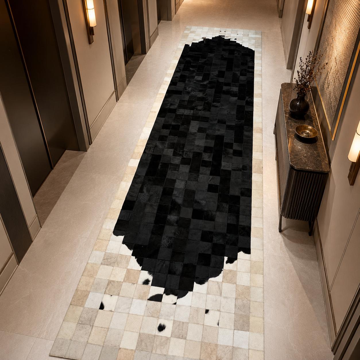 Handmade Black White Cowhide Rug, Genuine Leather Floor Decor