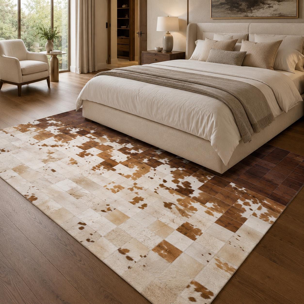 Handmade Patchwork Cowhide Rug, Genuine Leather Area Carpet, Brown Beige Gradient Living Room Decor