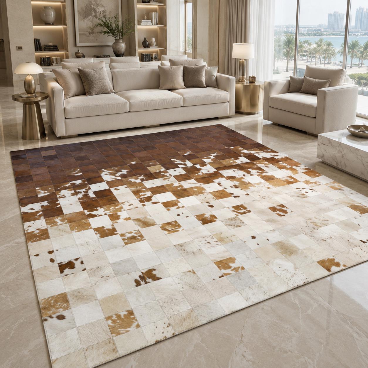Handmade Patchwork Cowhide Rug, Genuine Leather Area Carpet, Brown Beige Gradient Living Room Decor