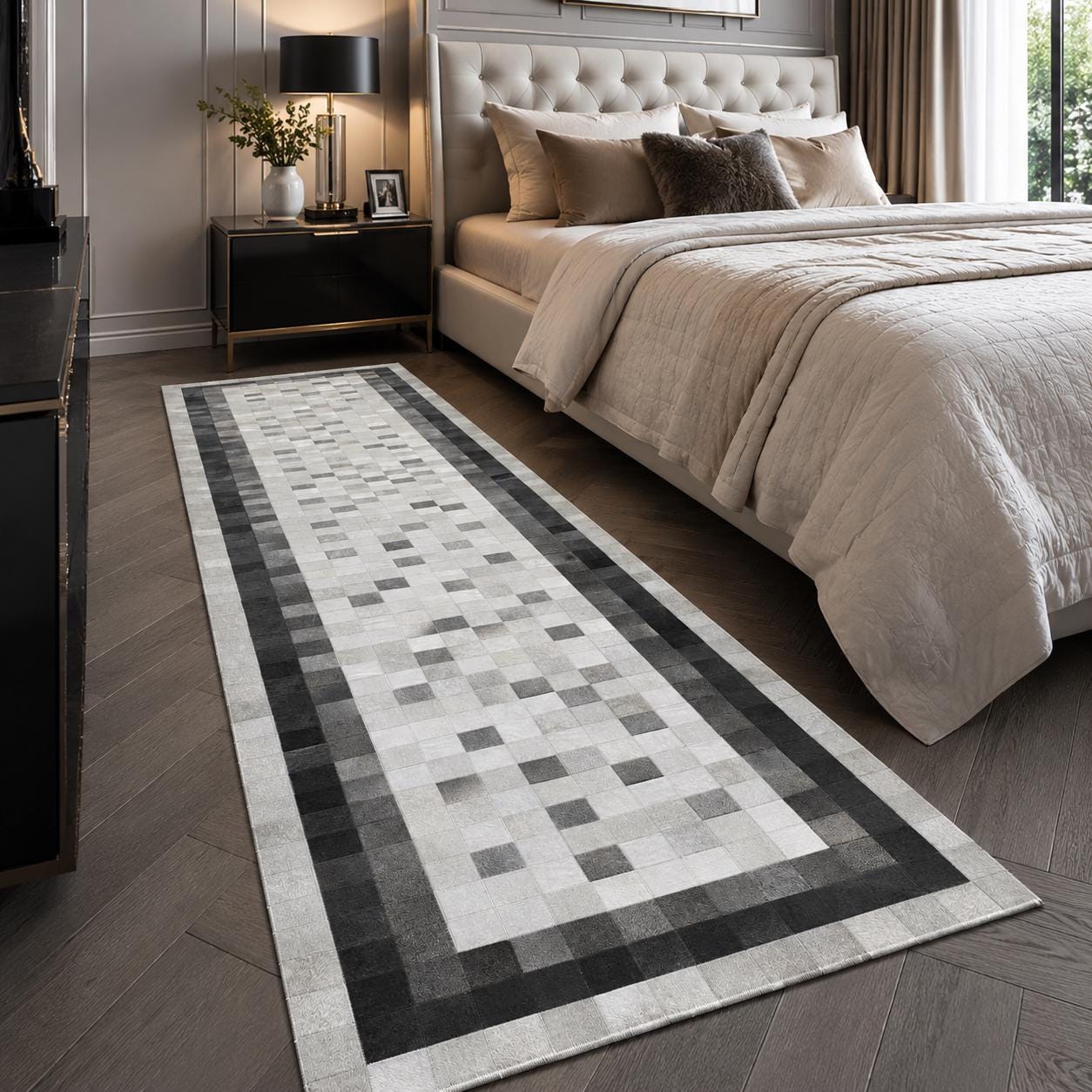 Handmade Patchwork Cowhide Rug, Geometric Leather Carpet, Modern Luxury Home Decor