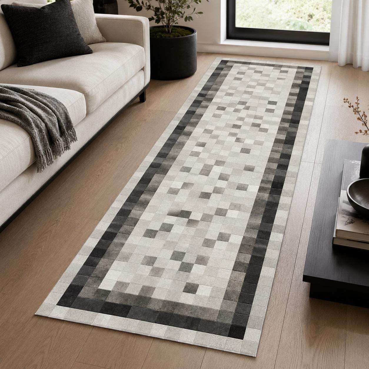 Handmade Patchwork Cowhide Rug, Geometric Leather Carpet, Modern Luxury Home Decor