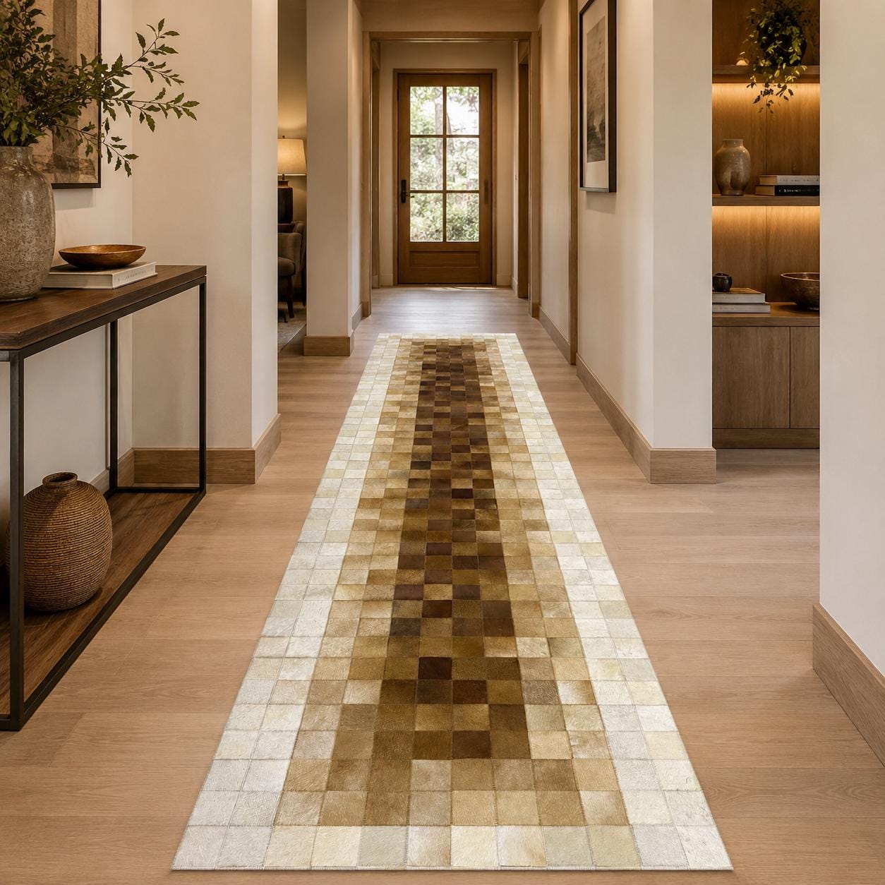 Handmade Patchwork Cowhide Rug, Geometric Leather Runner, Luxury Neutral Tones