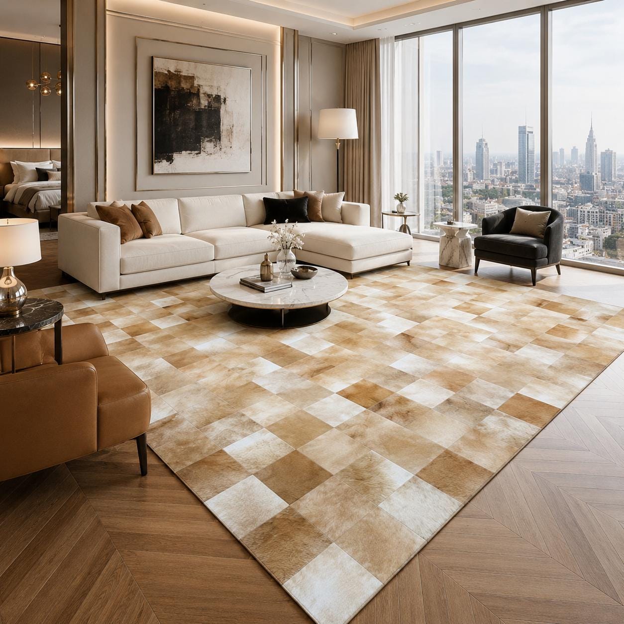 Handmade Patchwork Cowhide Rug, Genuine Leather Carpet, Neutral Tones Area Rug