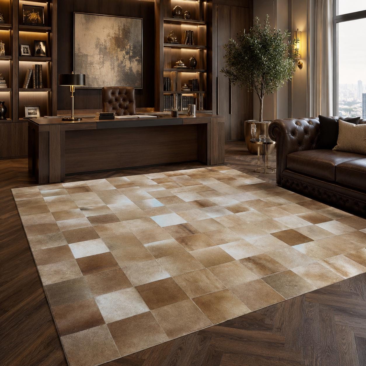 Handmade Patchwork Cowhide Rug, Genuine Leather Carpet, Neutral Tones Area Rug