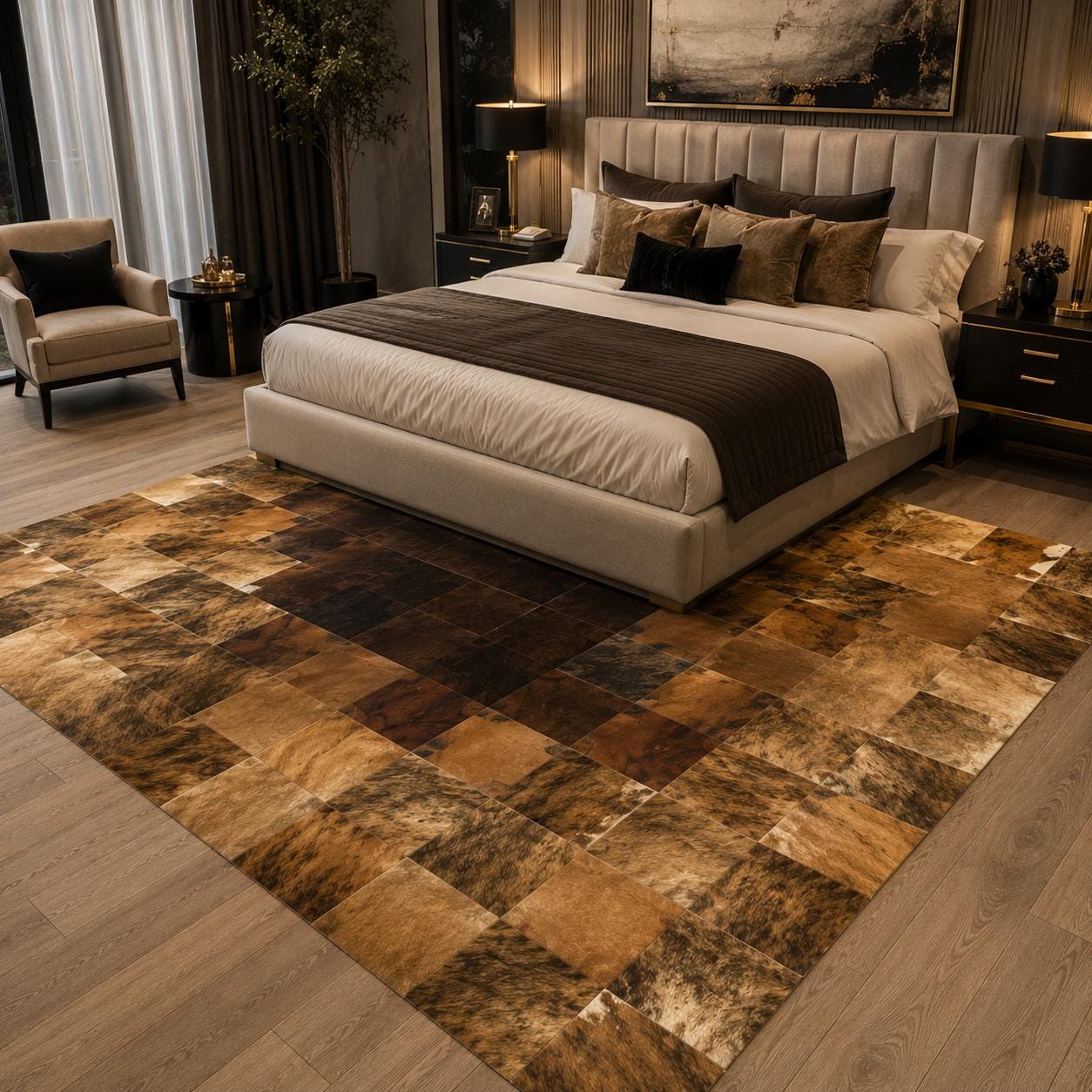 Handmade Patchwork Cowhide Rug, Genuine Leather Area Carpet, Rustic Modern Decor