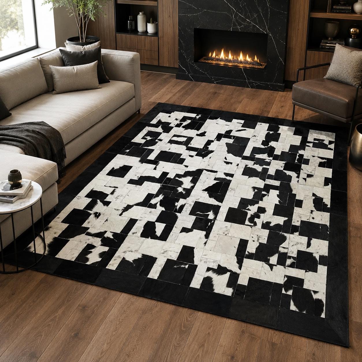 Handmade Black and White Cowhide Patchwork Rug, Genuine Leather Area Carpet