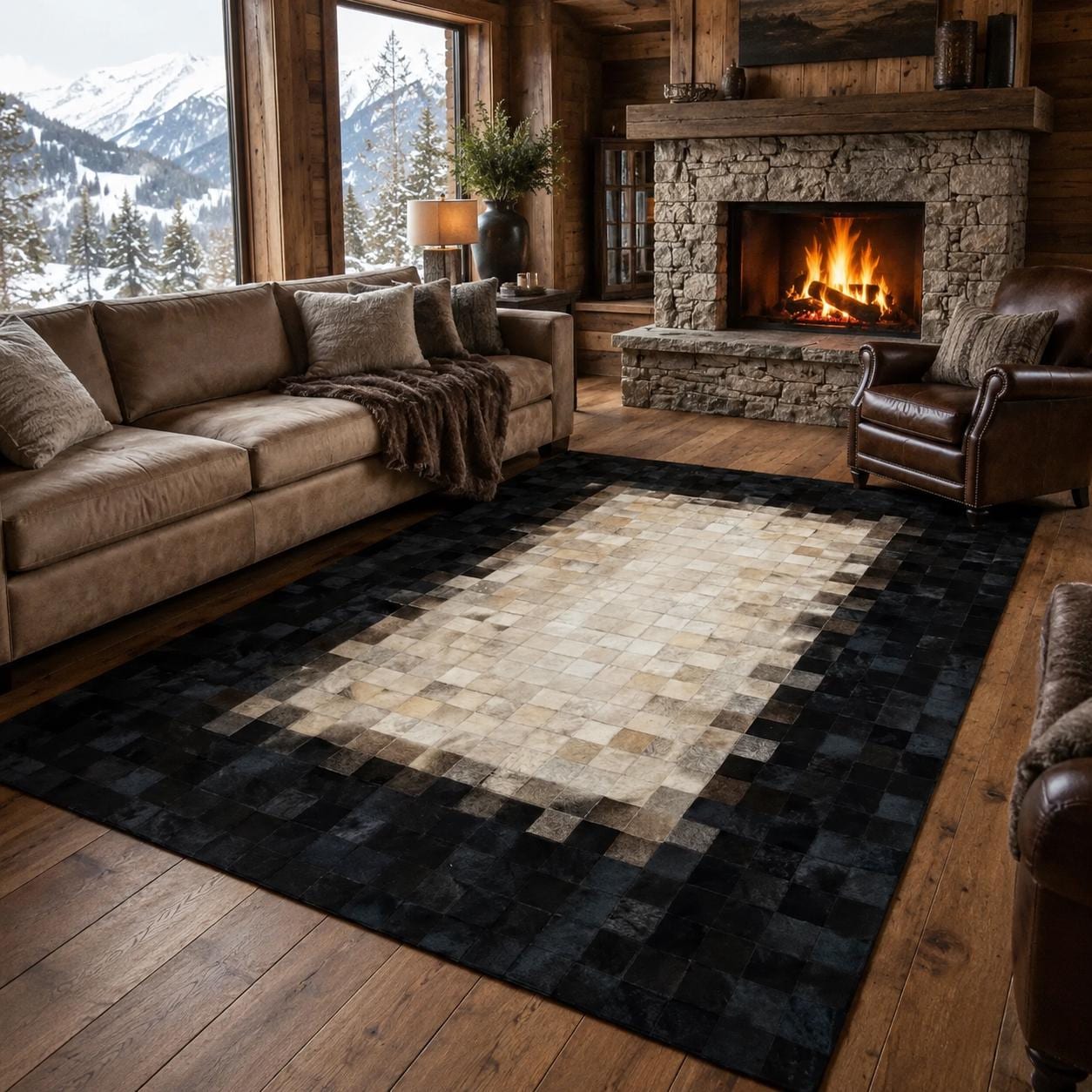 Handmade Patchwork Cowhide Rug, Black Border Geometric Leather Carpet