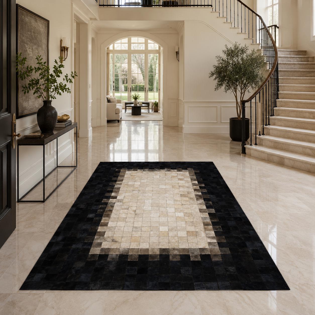 Handmade Patchwork Cowhide Rug, Black Border Geometric Leather Carpet
