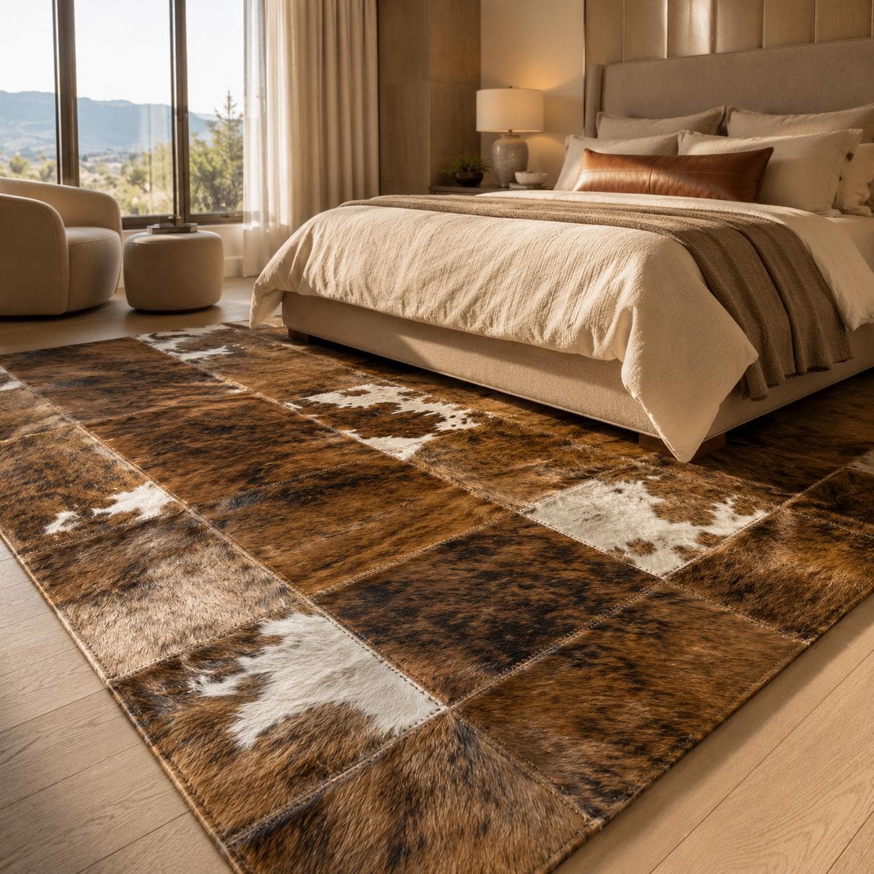 Patchwork Cowhide Rug, Genuine Leather Area Carpet, Rustic Western Style Home Décor