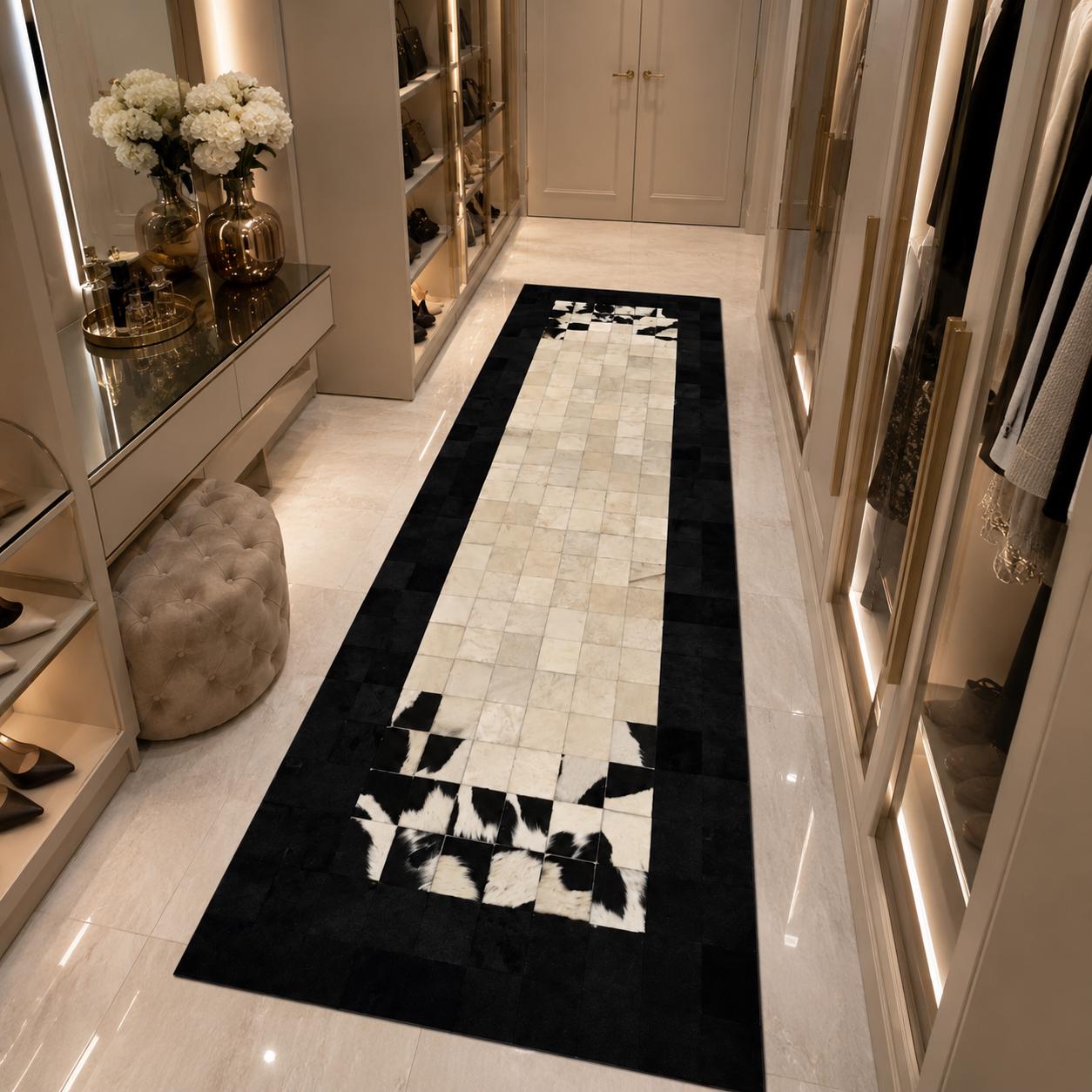 Patchwork Cowhide Hallway Rug, Black and White Leather Carpet, Custom Size Entryway Runner
