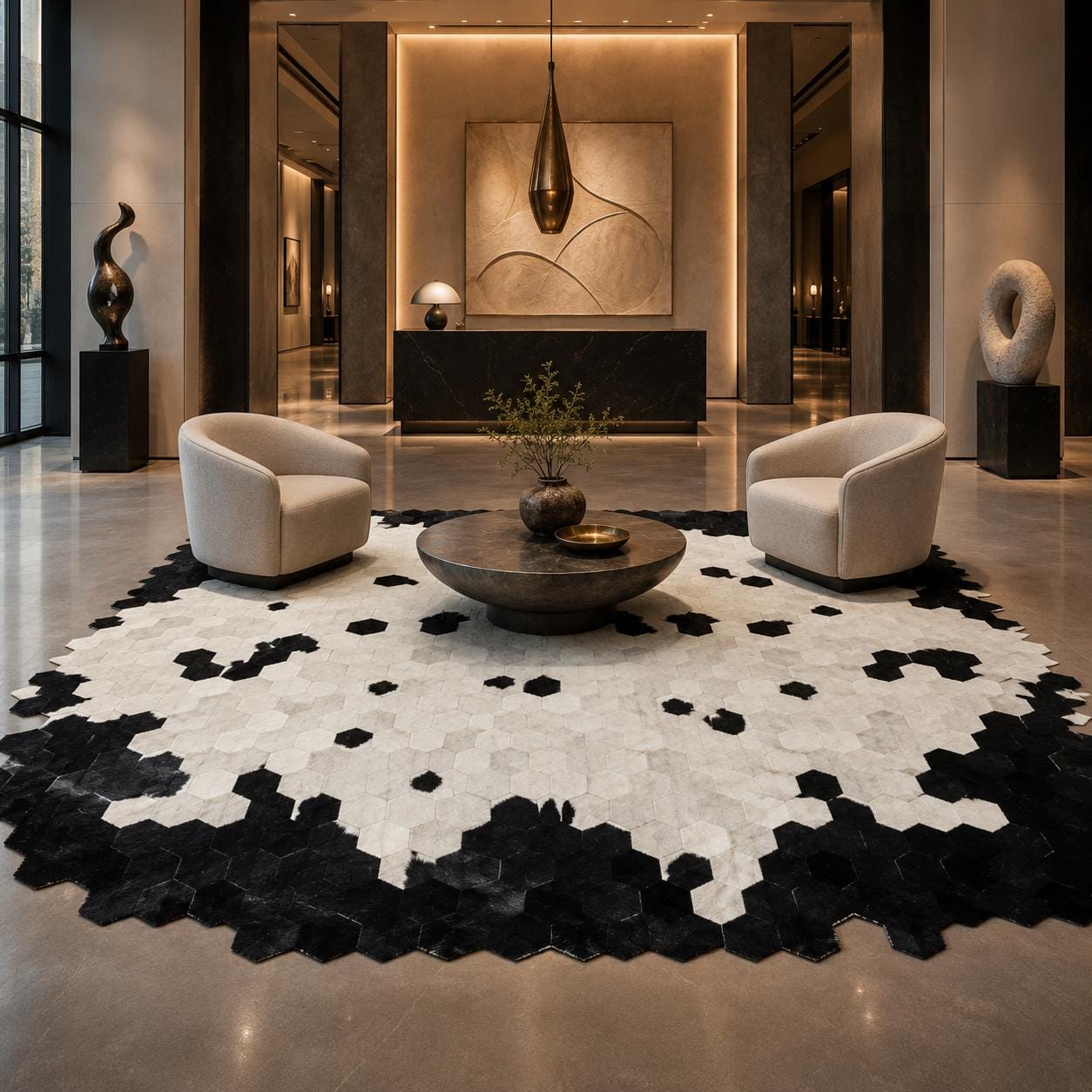 Handmade Hexagon Patchwork Cowhide Rug, Black Ivory Geometric Leather Area Rug
