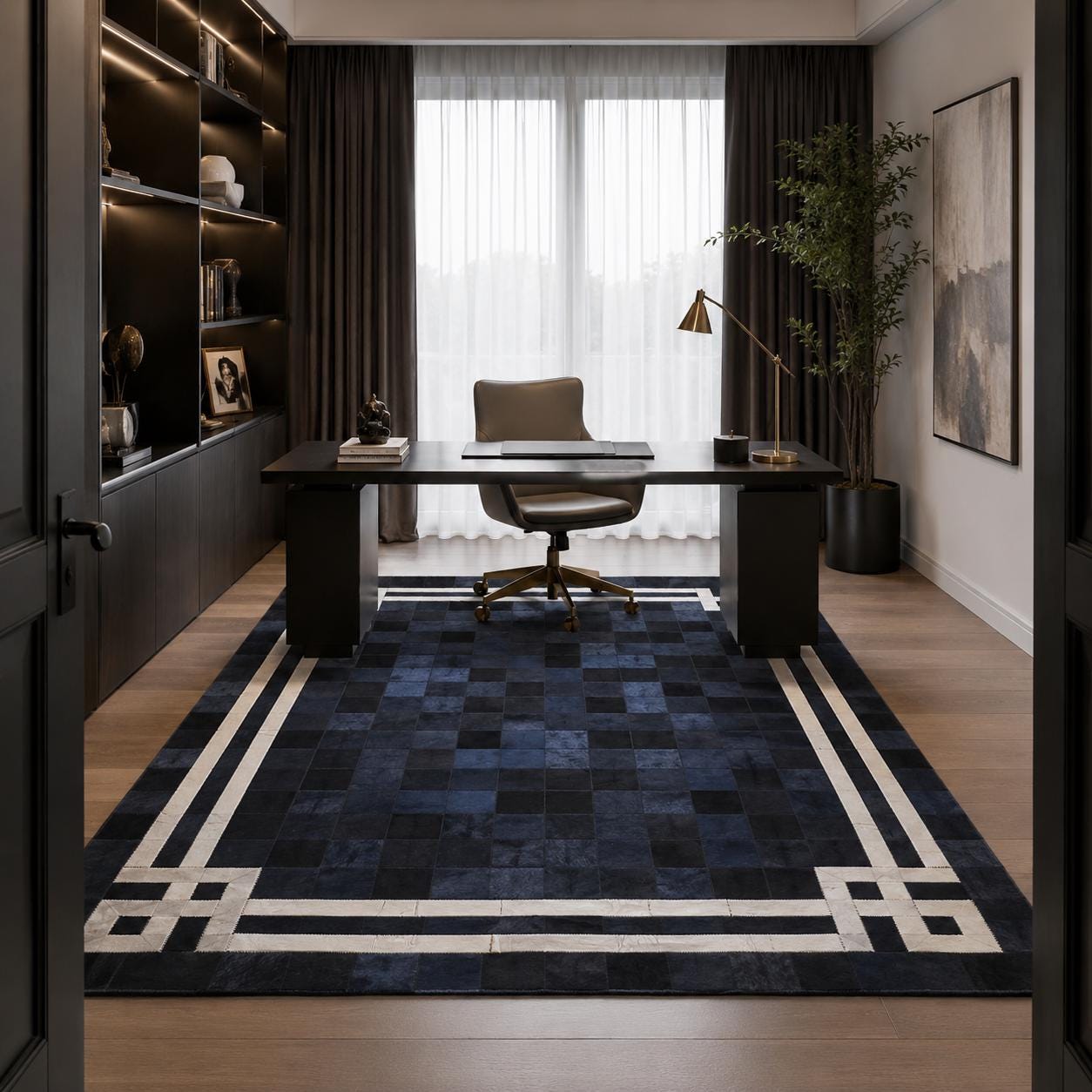 Black Patchwork Cowhide Rug, Art Deco Border, Luxury Leather Carpet