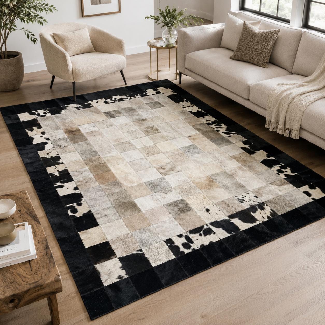 Handcrafted Patchwork Cowhide Rug, Black White Ivory Leather Carpet