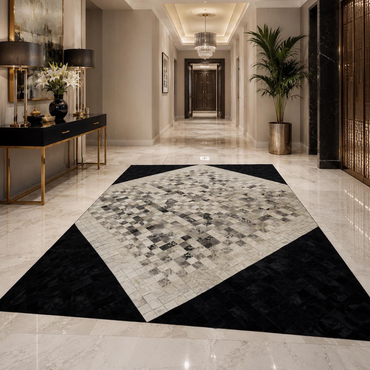 Genuine Cowhide Patchwork Rug, Black White Gray Geometric Leather Area Carpet