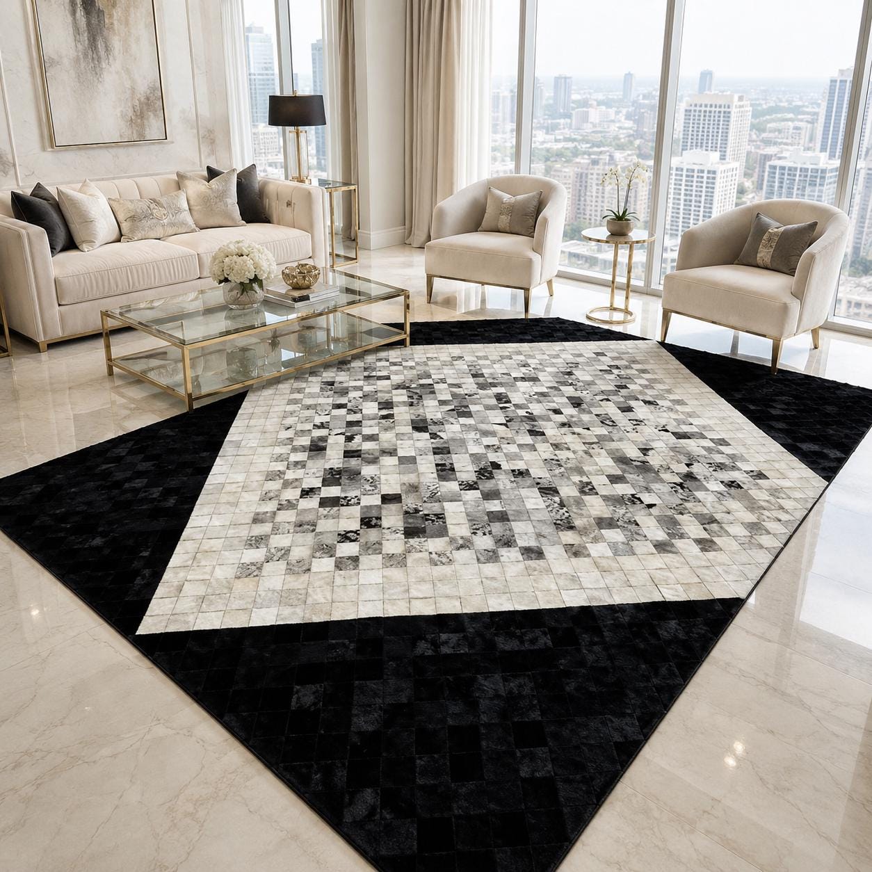 Genuine Cowhide Patchwork Rug, Black White Gray Geometric Leather Area Carpet