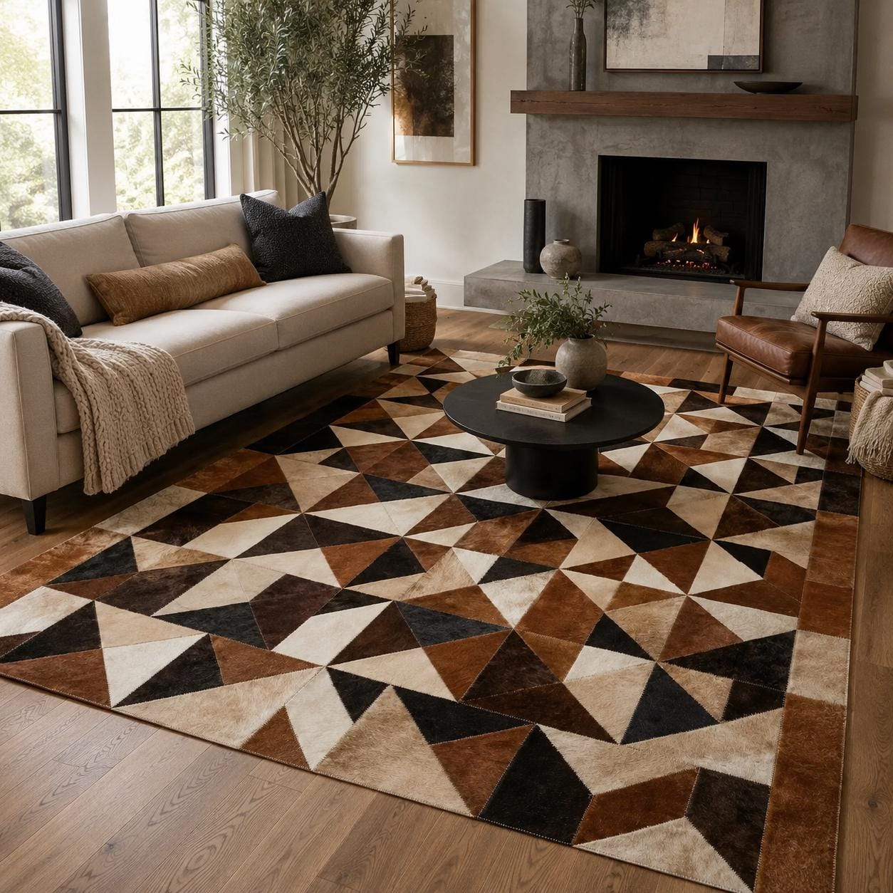 Geometric Cowhide Patchwork Rug, Brown Black Ivory Leather Area Carpet