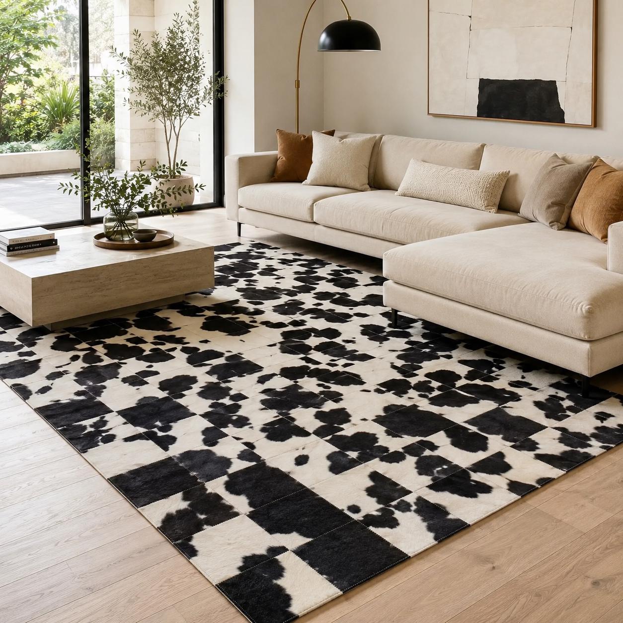 Handcrafted Black White Cowhide Patchwork Area Rug, Genuine Leather Carpet