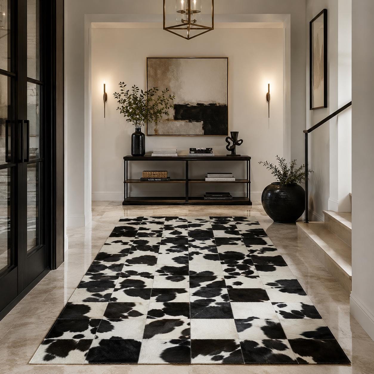 Handcrafted Black White Cowhide Patchwork Area Rug, Genuine Leather Carpet