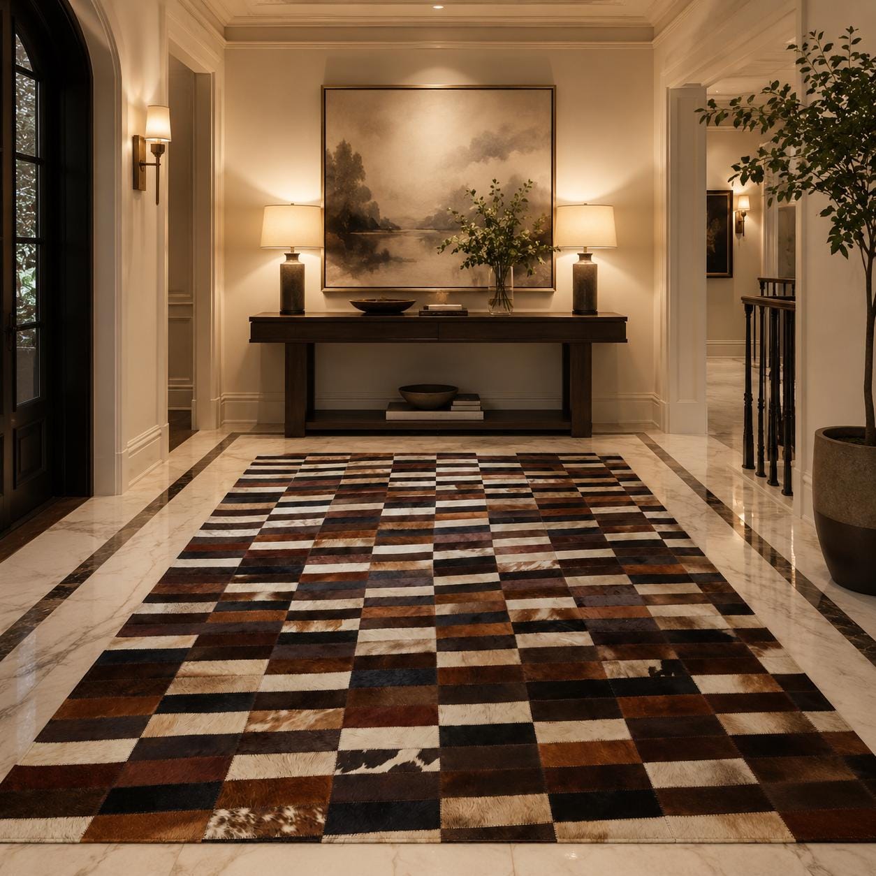 Handcrafted Patchwork Cowhide Rug, Geometric Leather Area Carpet, Luxury Living Room Home Decor