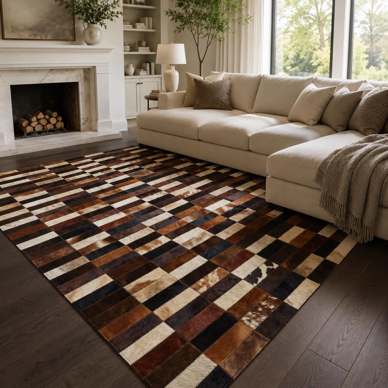 Handcrafted Patchwork Cowhide Rug, Geometric Leather Area Carpet, Luxury Living Room Home Decor