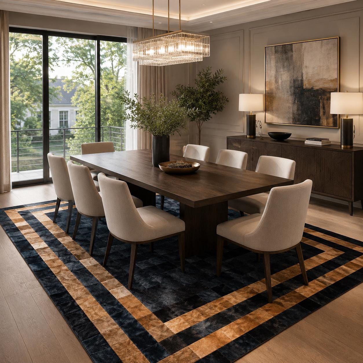 Handmade Patchwork Cowhide Rug, Black Caramel Geometric Leather Carpet