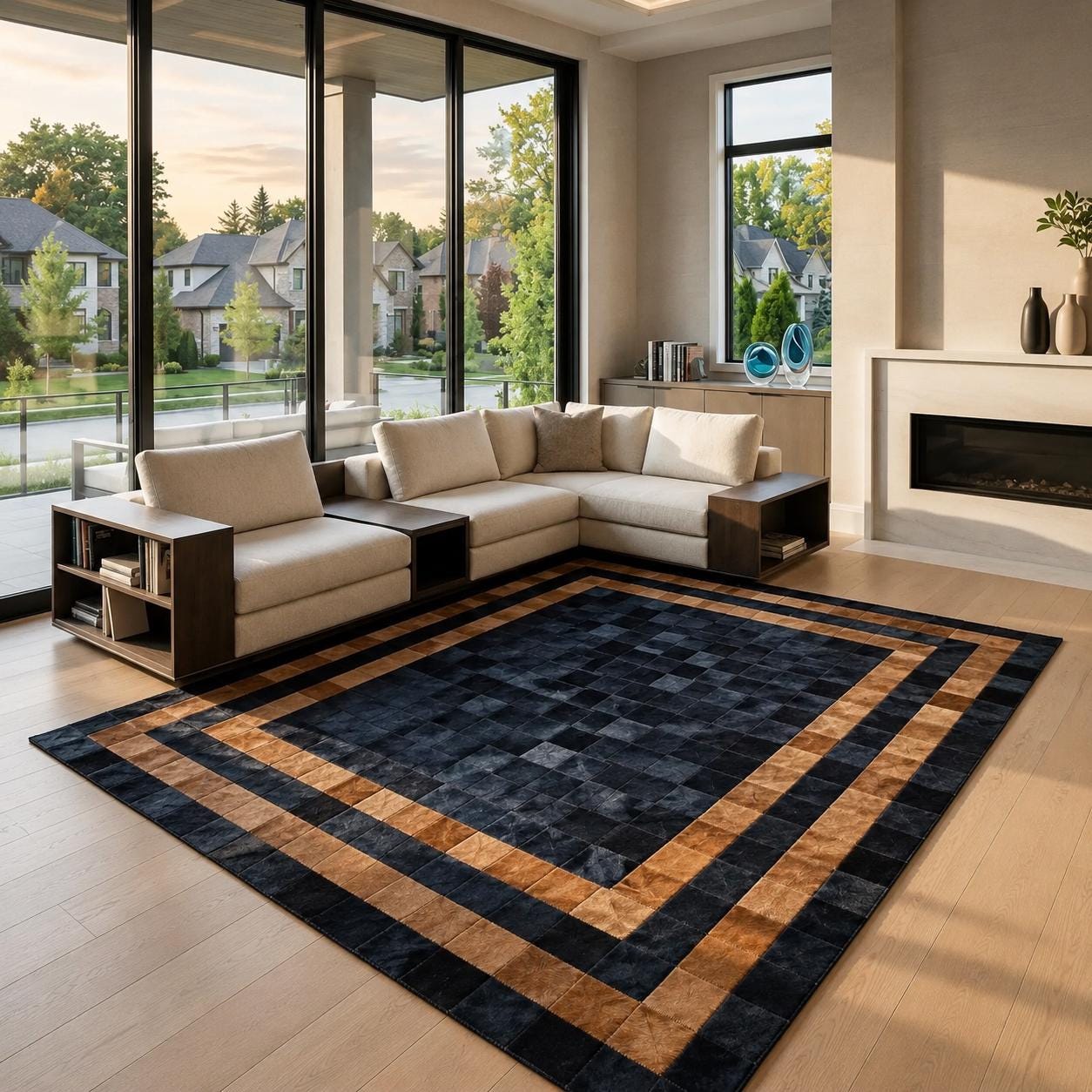 Handmade Patchwork Cowhide Rug, Black Caramel Geometric Leather Carpet