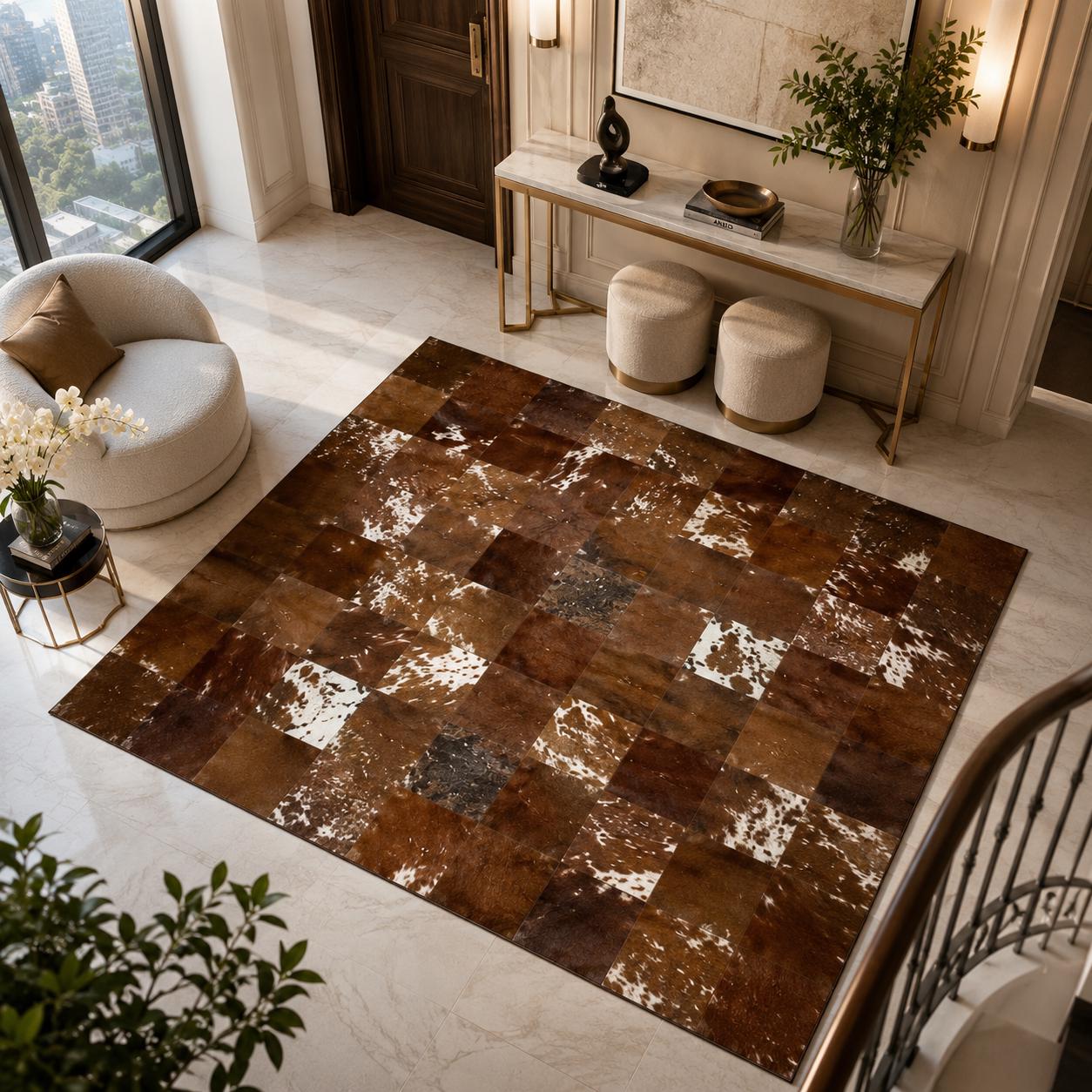 Handcrafted Patchwork Cowhide Rug, Genuine Leather, Rustic Western Carpet