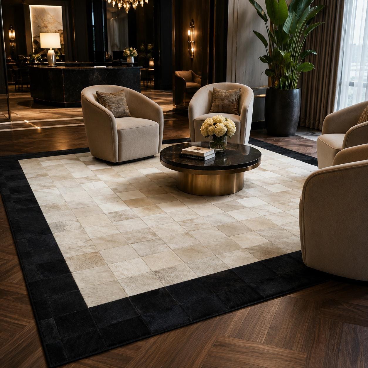Handcrafted Black Ivory Cowhide Patchwork Rug, Geometric Leather Area Carpet