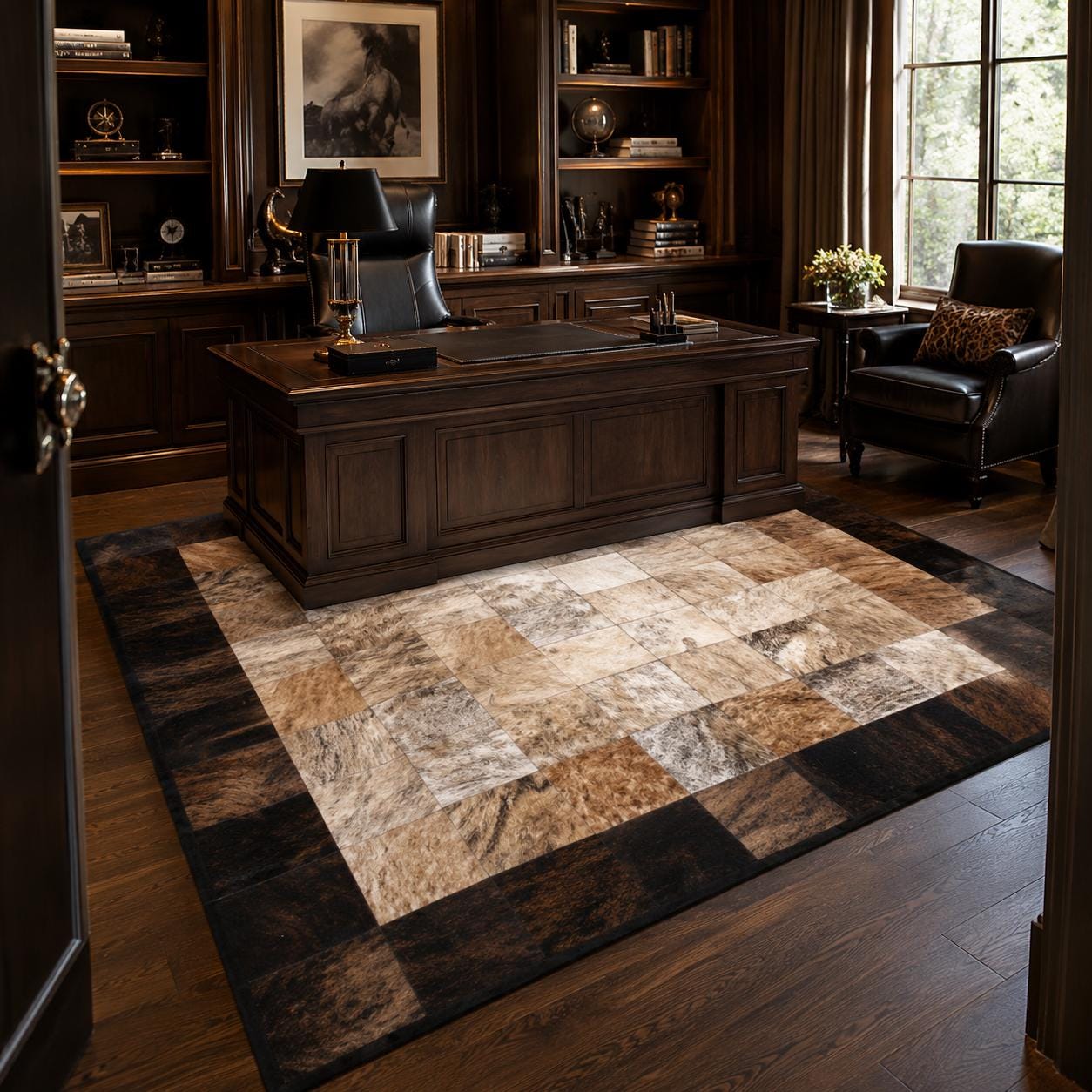 Handmade Brindle Cowhide Patchwork Rug, Genuine Leather Area Carpet