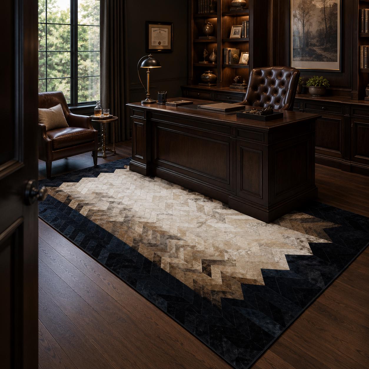 Handcrafted Chevron Cowhide Rug, Geometric Patchwork Leather Area Carpet