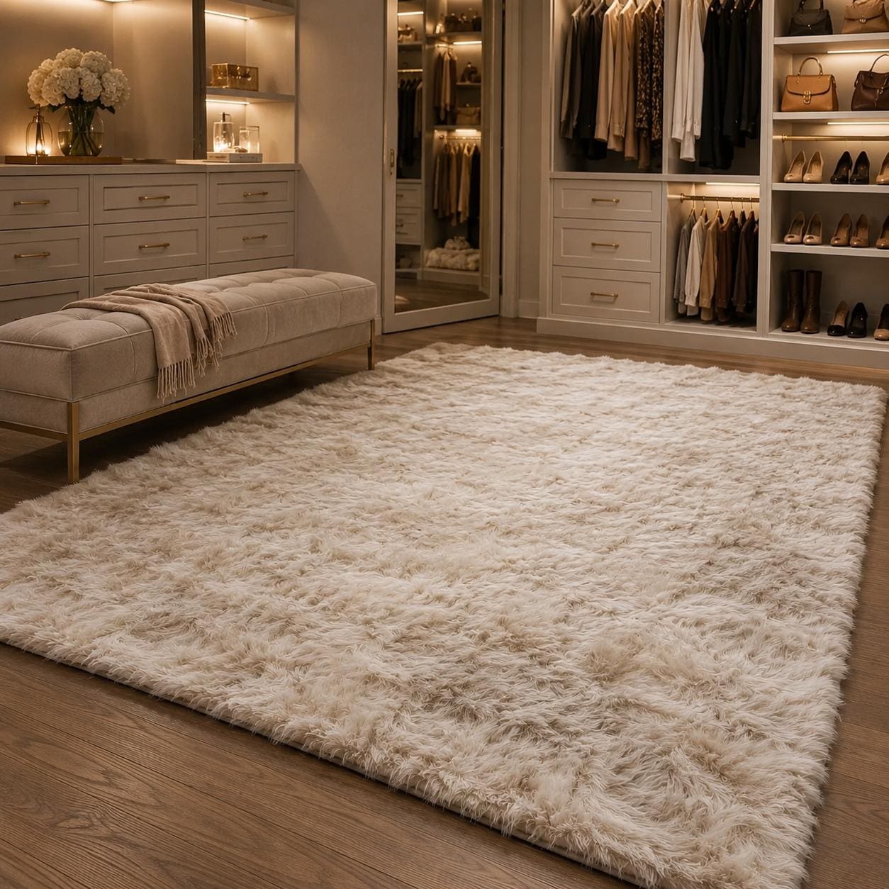 Ivory Toscana Fur Rug, Handmade Plush Area Rug, Luxury Cream Sheepskin Style Rug, Soft Bedroom Living Room Rug, Custom Size Rug