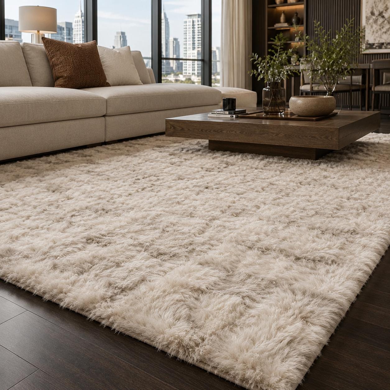 Ivory Toscana Fur Rug, Handmade Plush Area Rug, Luxury Cream Sheepskin Style Rug, Soft Bedroom Living Room Rug, Custom Size Rug
