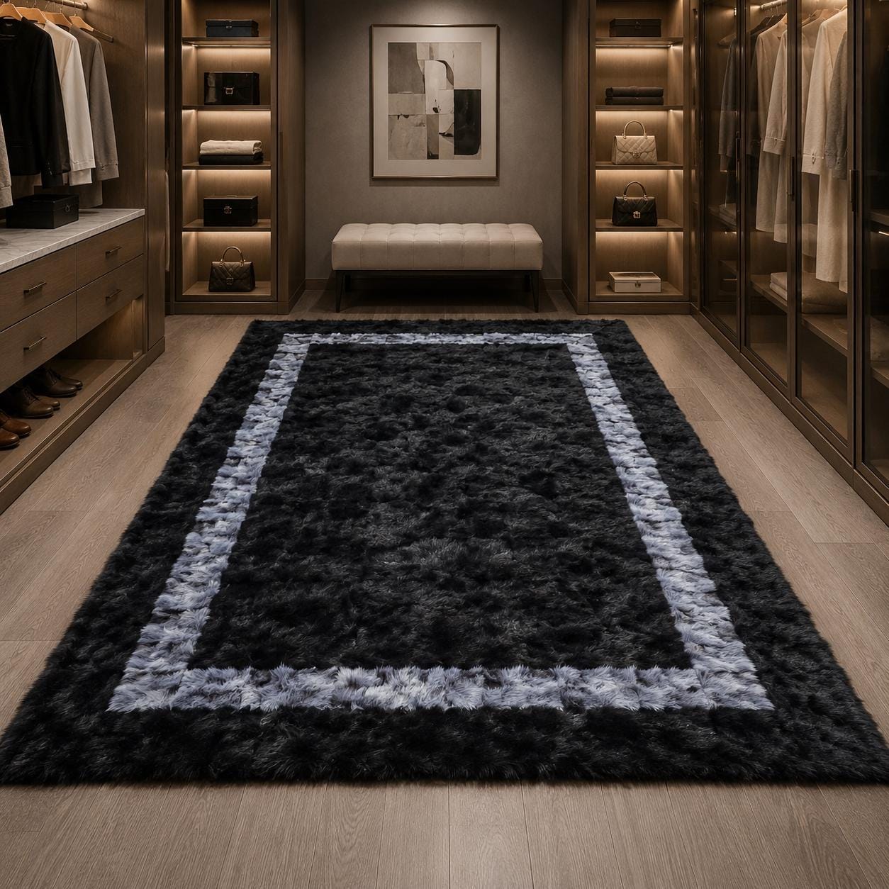 Black Toscana Fur Rug with Gray Border, Luxury Plush Area Rug, Handmade Soft Bedroom Rug, Modern Living Room Rug, Custom Size Rug