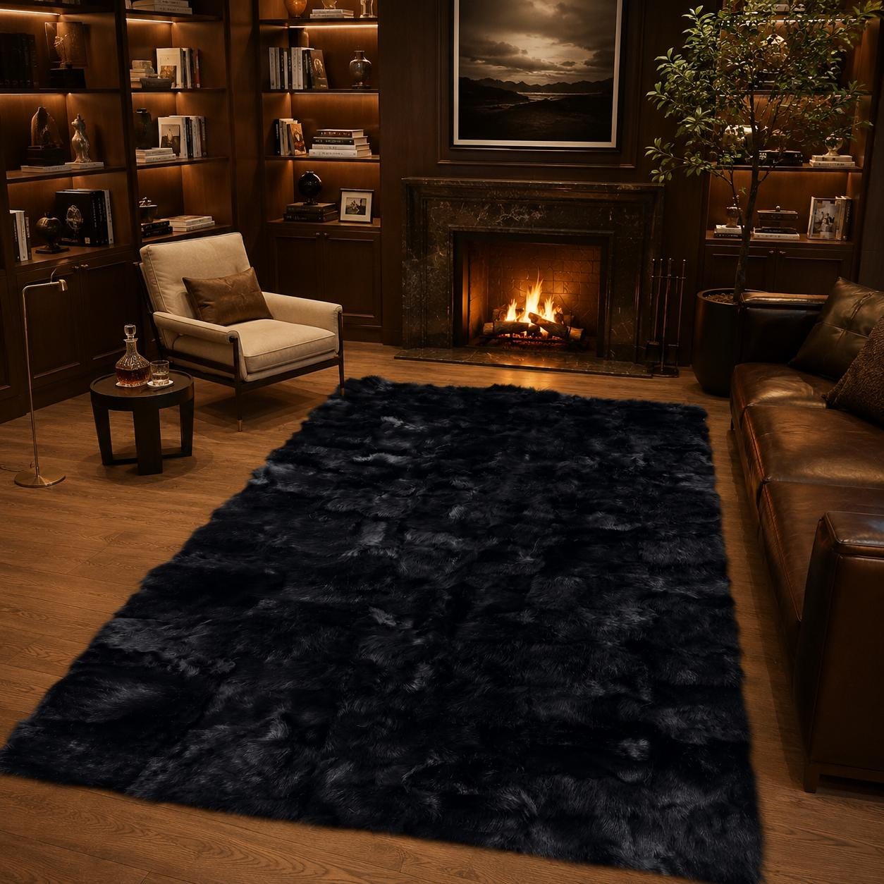 Black Toscana Fur Rug, Luxury Plush Area Rug, Handmade Soft Sheepskin Style Rug, Modern Bedroom Living Room Rug, Custom Size Rug