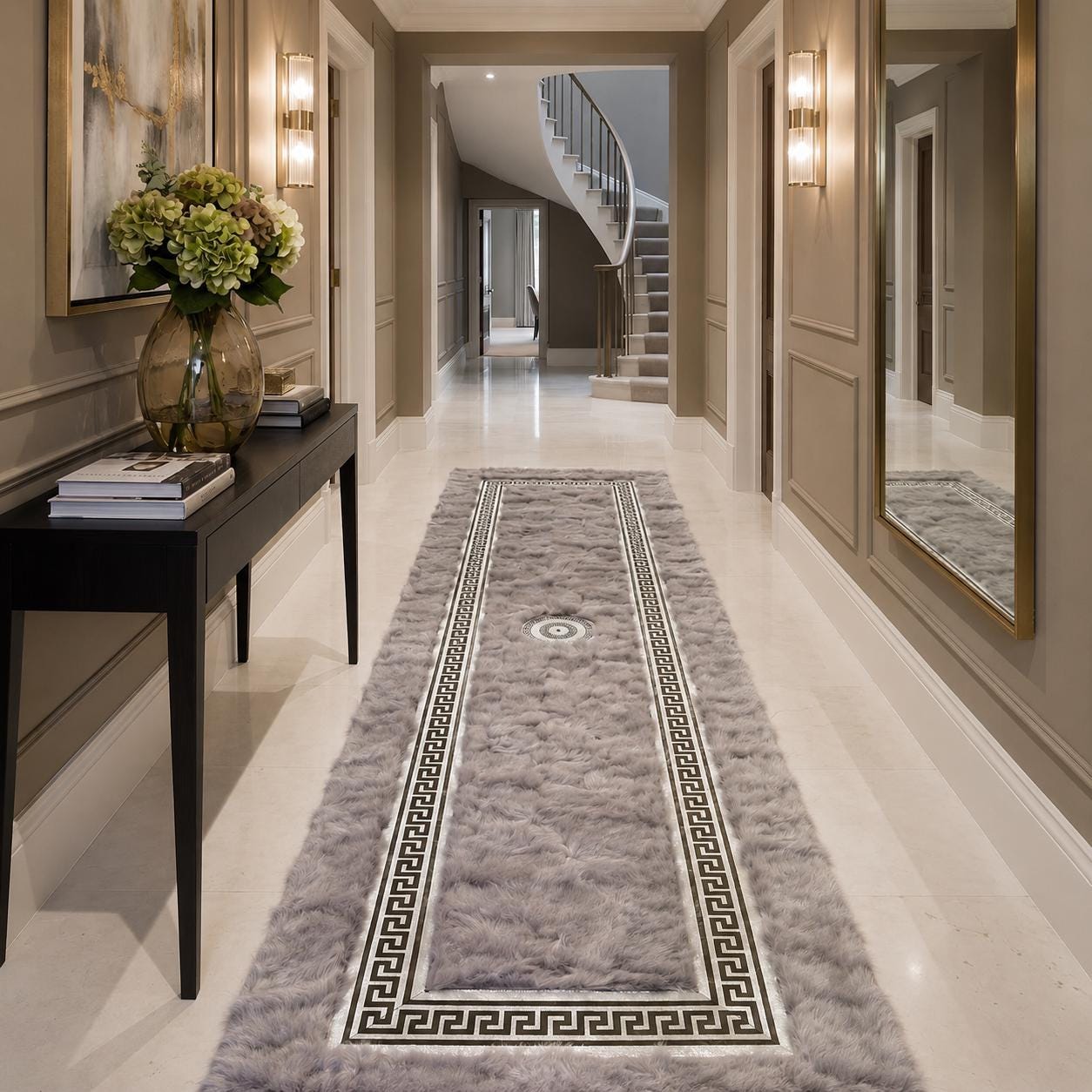 Gray Toscana Runner Rug with Greek Key Border, Luxury Plush Hallway Rug, Handmade Soft Fur Runner, Custom Size Entryway Rug
