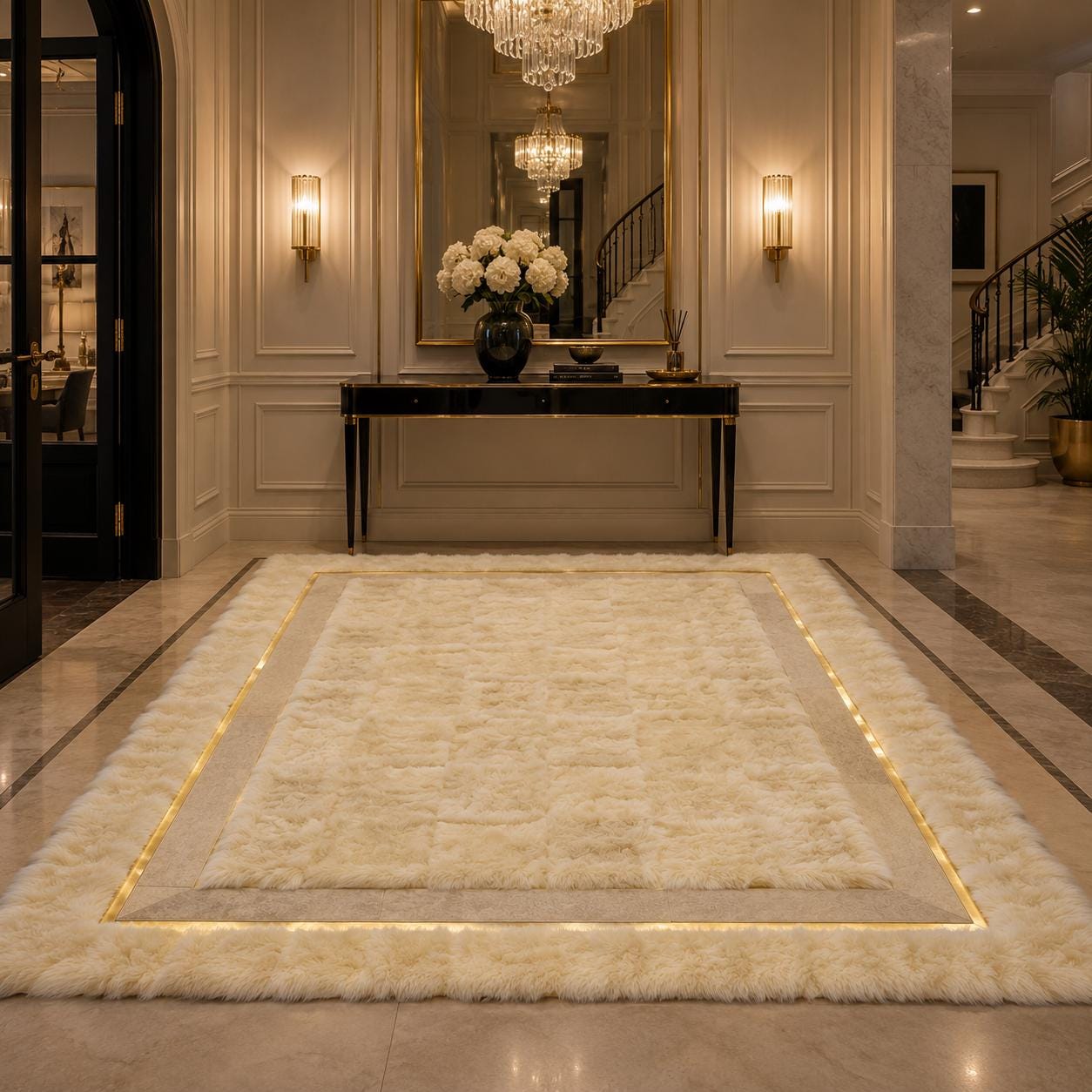Ivory Toscana Fur Rug with Gold Accent Border, Luxury Plush Area Rug, Handmade Soft Cream Rug, Custom Size Rug