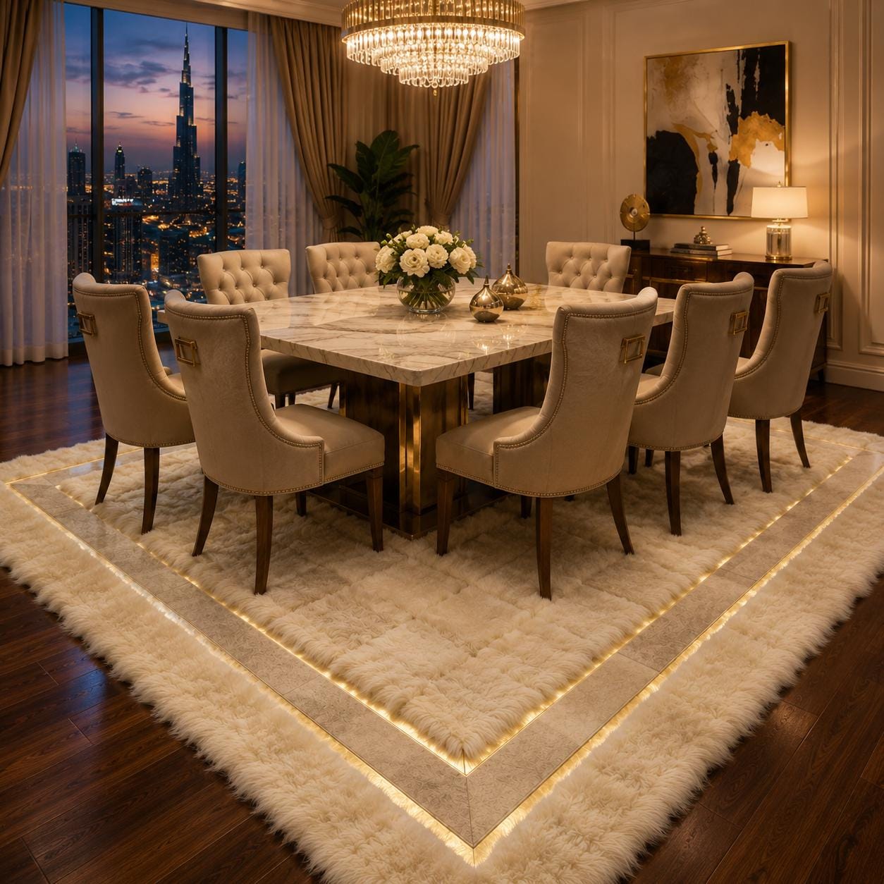 Ivory Toscana Fur Rug with Gold Accent Border, Luxury Plush Area Rug, Handmade Soft Cream Rug, Custom Size Rug