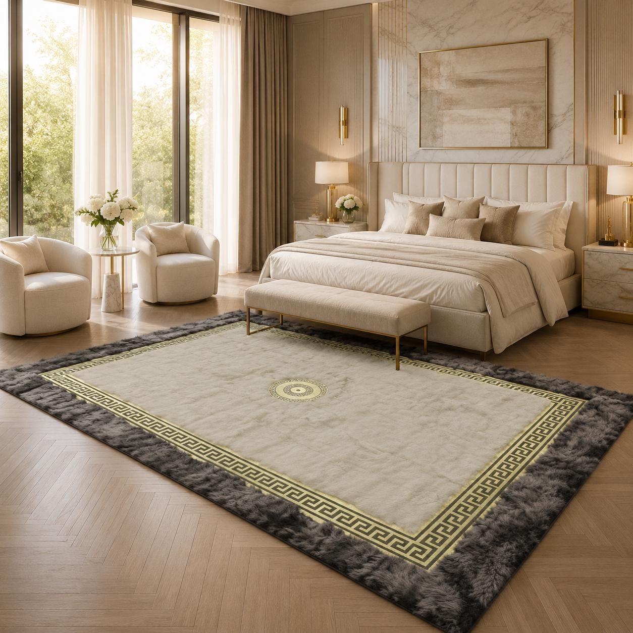 Ivory Toscana Rug with Gray Border, Greek Key Area Rug, Luxury Plush Bedroom Rug, Handmade Soft Living Room Rug, Custom Size Rug