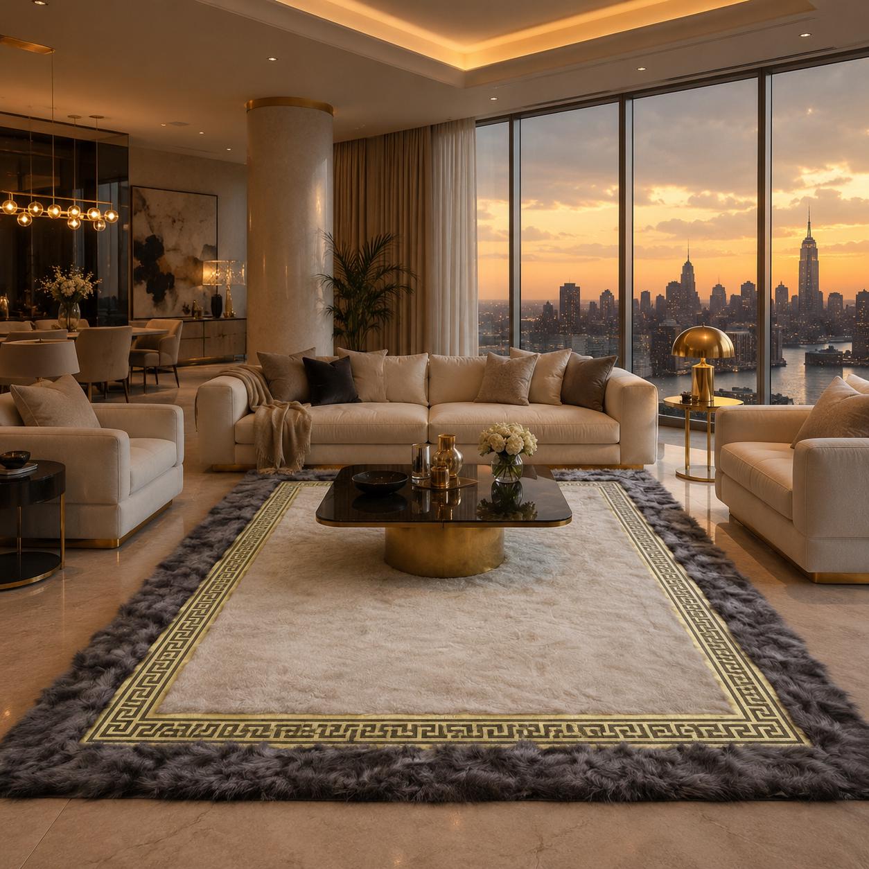 Ivory Toscana Rug with Gray Border, Greek Key Area Rug, Luxury Plush Bedroom Rug, Handmade Soft Living Room Rug, Custom Size Rug