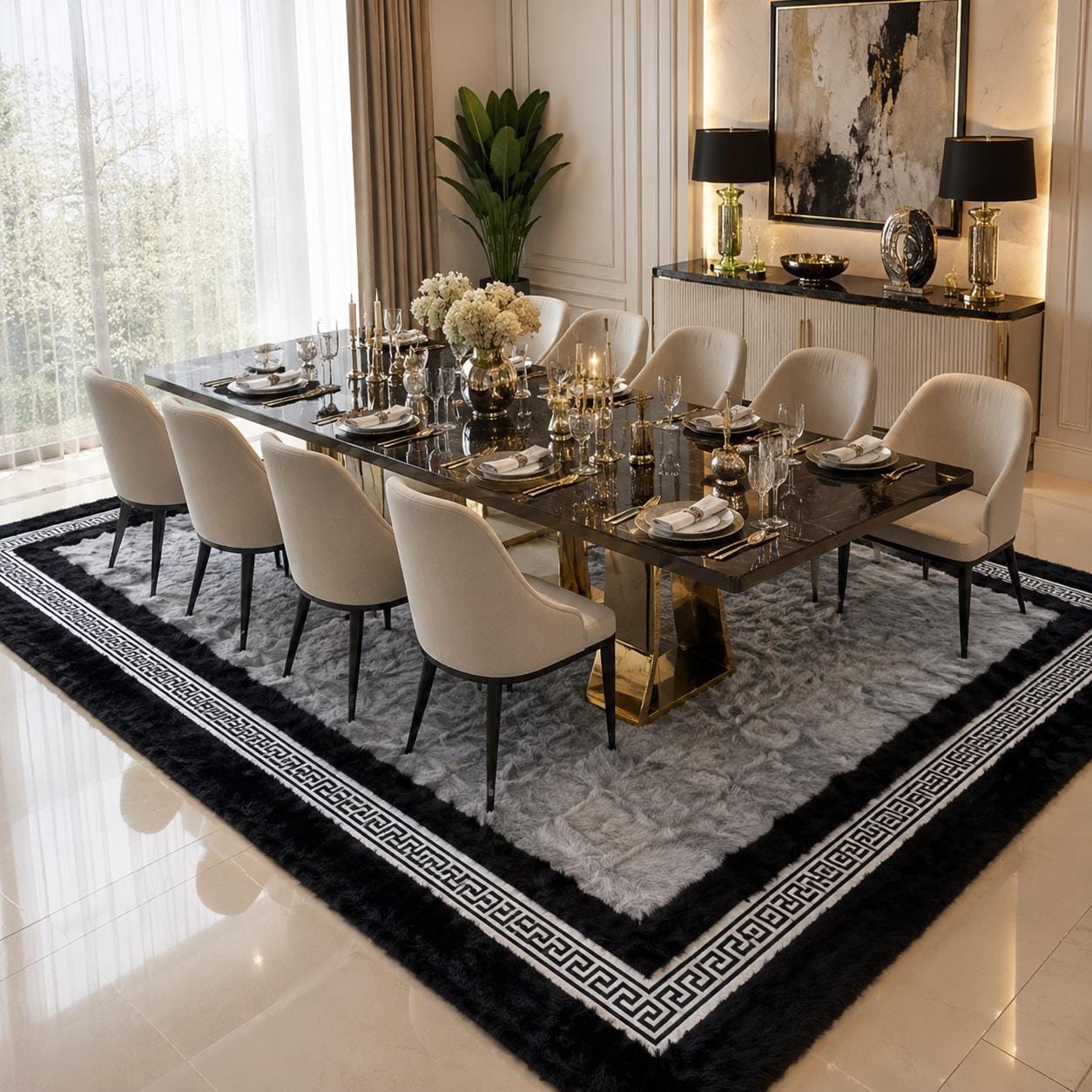 Gray Toscana Rug with Black Border, Greek Key Area Rug, Luxury Plush Living Room Rug, Handmade Soft Bedroom Rug, Custom Size Rug