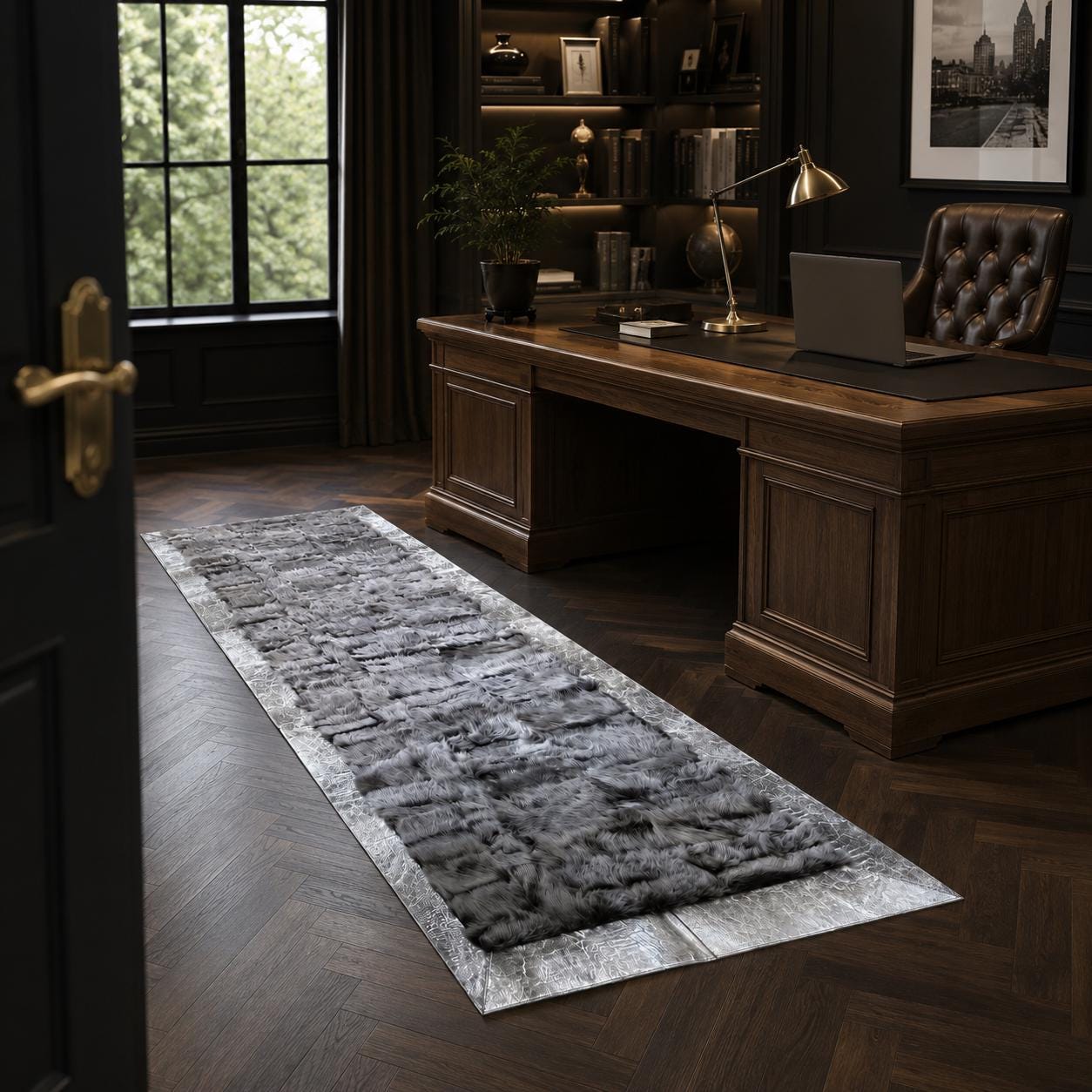 Gray Toscana Runner Rug with Silver Border, Luxury Plush Hallway Rug, Handmade Soft Fur Runner, Modern Entryway Rug, Custom Size Rug