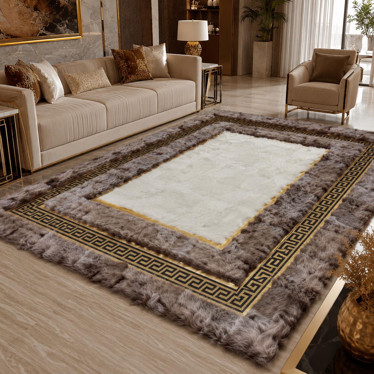 Toscana Rug with Taupe Border, Greek Key Area Rug, Luxury Plush Bedroom Rug, Custom Size Rug