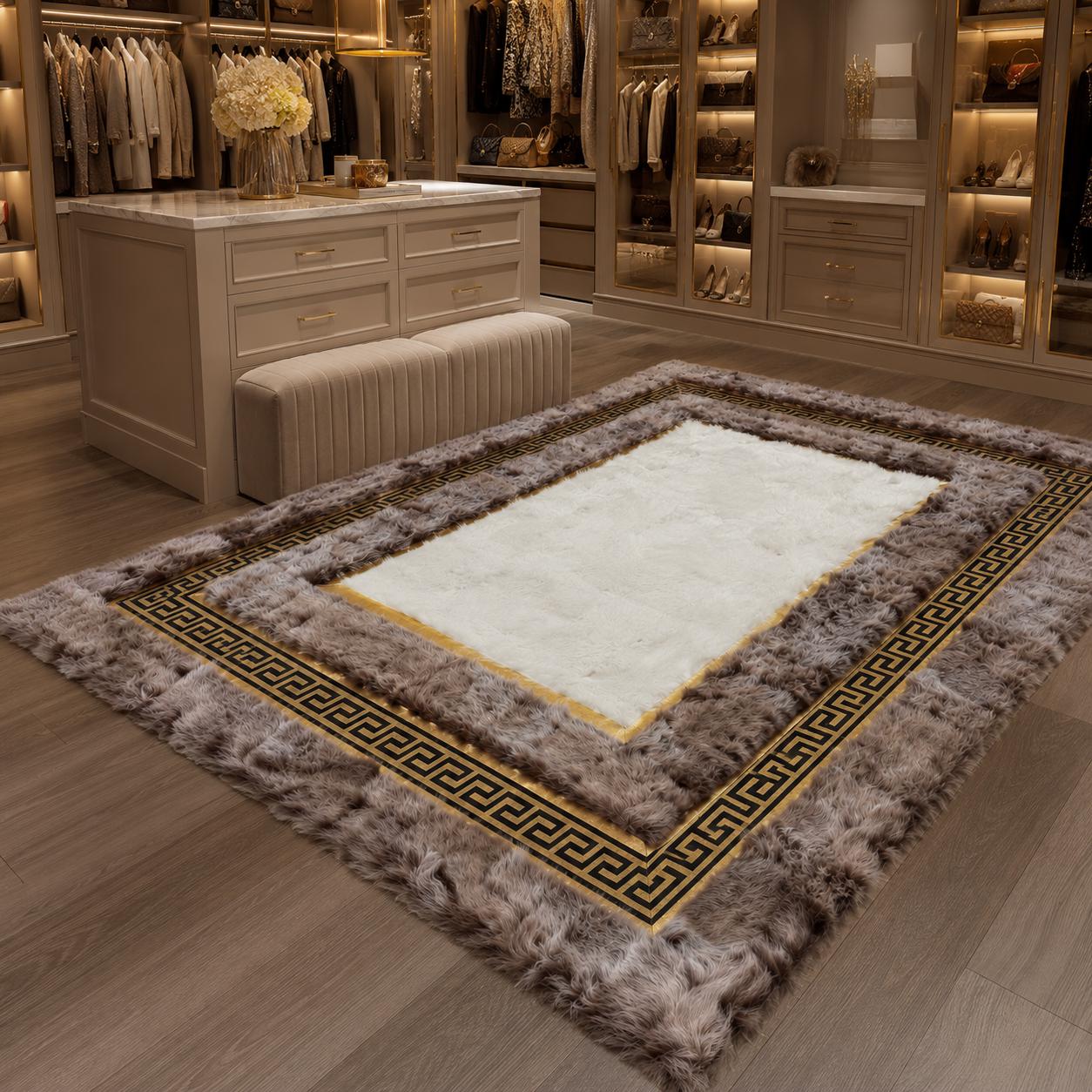 Toscana Rug with Taupe Border, Greek Key Area Rug, Luxury Plush Bedroom Rug, Custom Size Rug