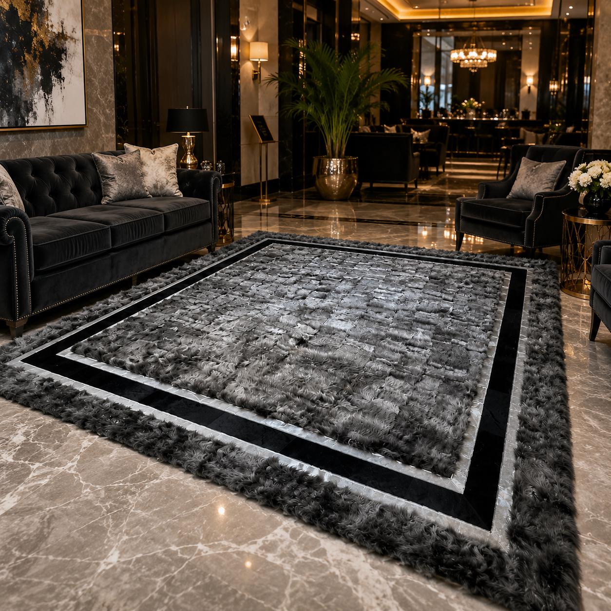 Gray Toscana Rug with Black and Silver Border, Luxury Plush Area Rug, Handmade Soft Living Room Rug, Modern Bedroom Rug, Custom Size Rug