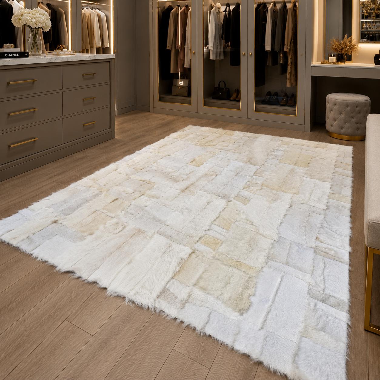 Patchwork Rug, Natural Goatskin Area Rug, Handmade Luxury Plush Rug, Custom Size Living Room Bedroom Rug