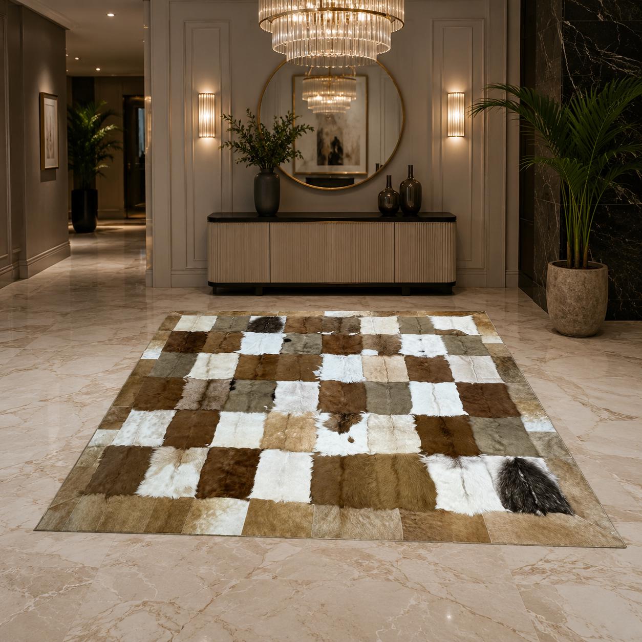 Goatskin Patchwork Rug, Natural Goat Hide Area Rug, Brown Ivory Beige Fur Rug, Handmade Luxury Living Room Rug, Custom Size Rug