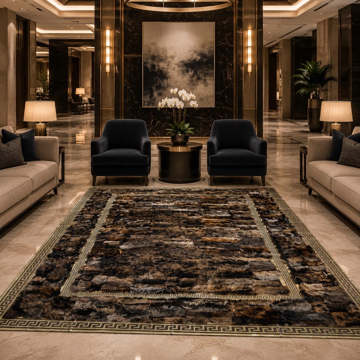 Dark Multicolor Toscana Rug with Greek Key Border, Luxury Plush Area Rug, Handmade Soft Living Room Bedroom Rug, Custom Size Rug
