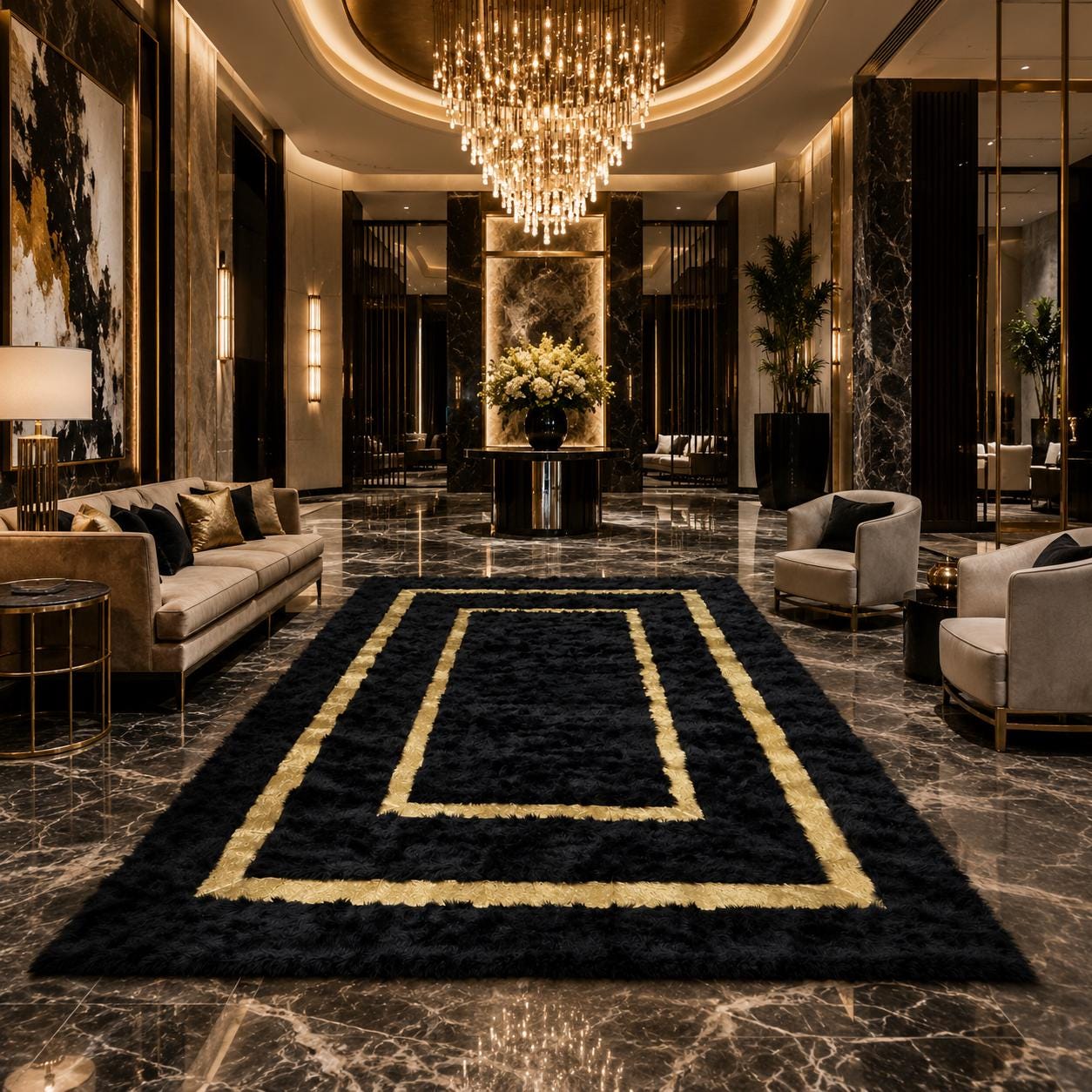 Black Toscana Rug with Gold Border, Luxury Plush Area Rug, Handmade Soft Living Room Rug, Modern Bedroom Rug, Custom Size Rug